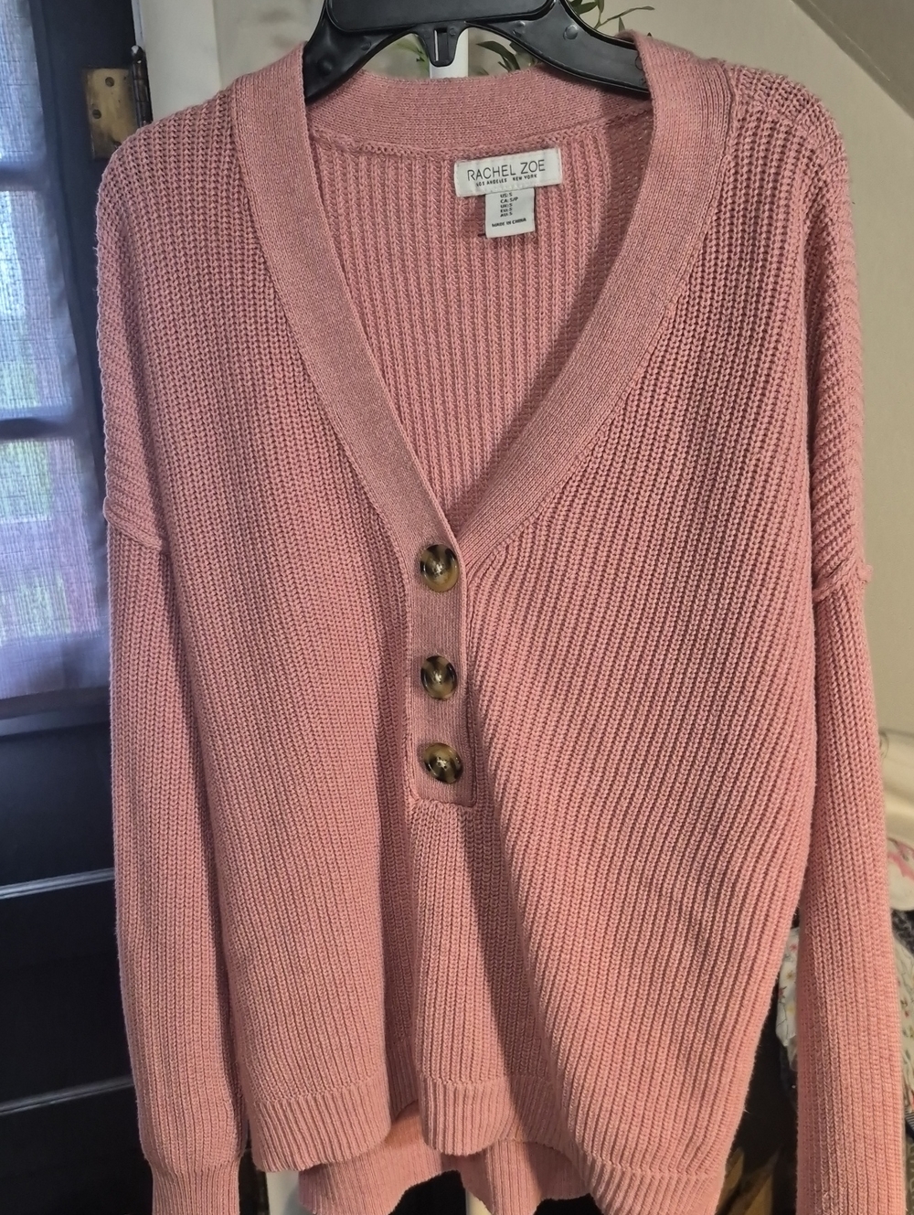 Rachel Zoe Pink Rib Knit Henley Oversized Sweater